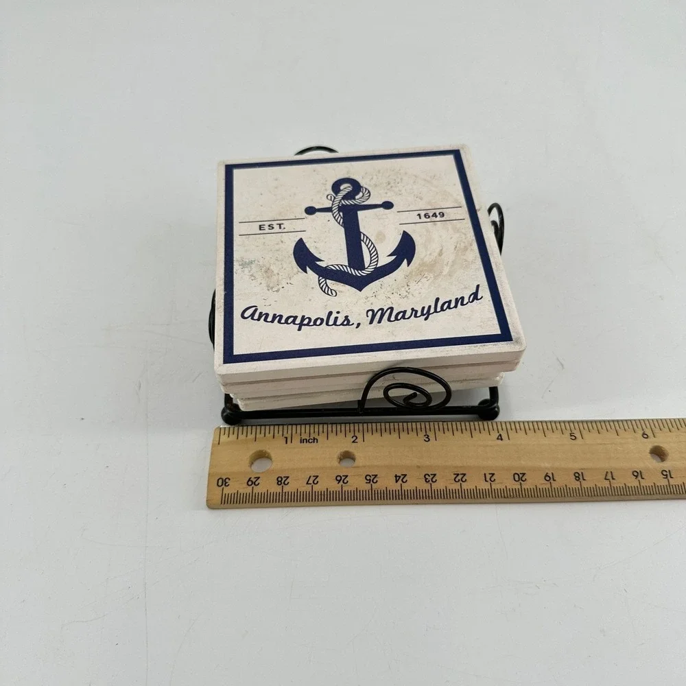 Annapolis Maryland Nautical Coaster Set of 4 Ceramic Lighthouse Sailboat Anchor